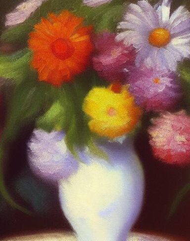 A painting of beautiful flowers in the vase