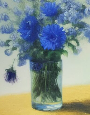 A painting of blue flowers in a vase