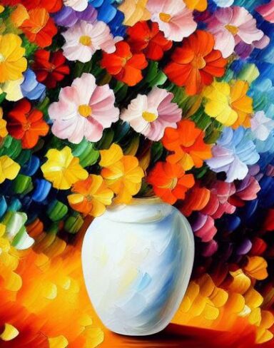 A painting of bright flowers in a vase on a table