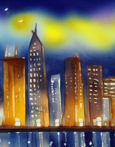 A painting of city and buildings at night with sky