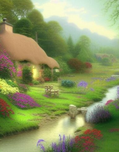 A painting of cottage near a river with flowers