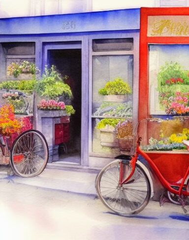 A painting of flower shop with a bicycle parked nearby