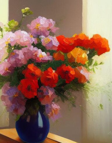 A painting of flowers in a vase near window side