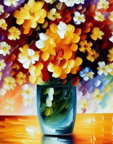 A painting of flowers in a vase on a table