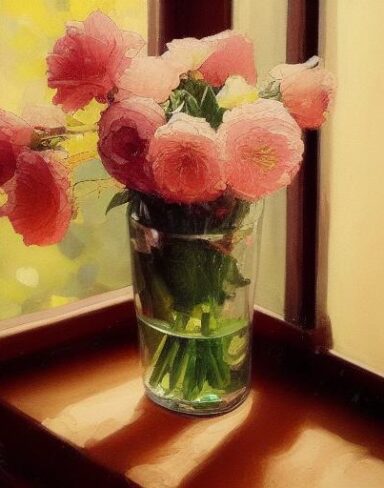 A painting of flowers in a vase on a window side