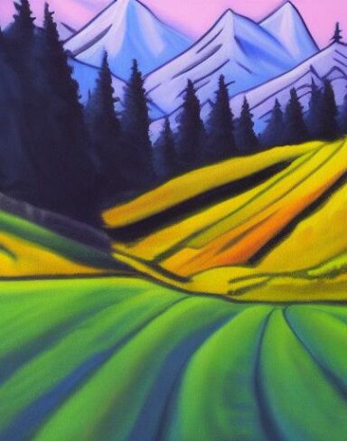 A painting of mountain and trees in a field