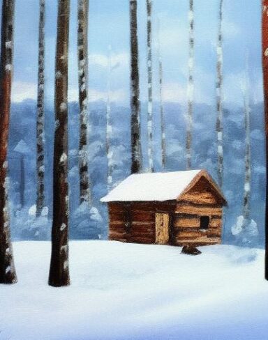 A painting of one cabin in a snowy forest in winter