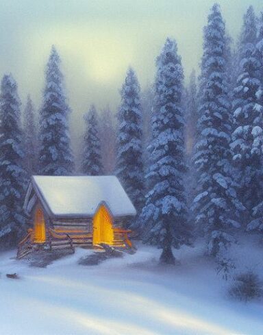 A painting of one cabin in a snowy forest with snow