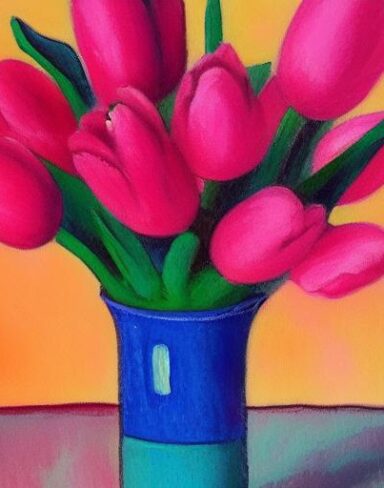 A painting of pink tulips in the vase