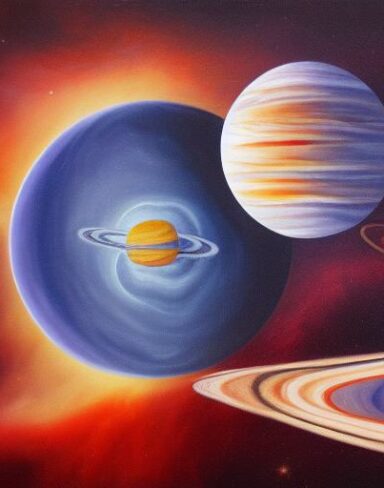 A painting of planets in infinite space