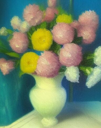A painting of pretty flowers in a blue vase on a table