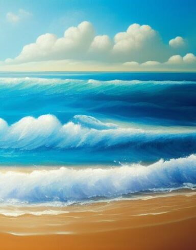 A painting of sea waves and blue sky