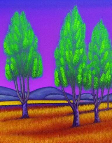 A painting of tall trees in a field