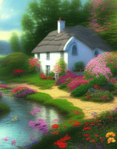 A painting of the cottage by a river with flowers