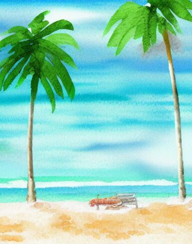A painting of the palm tree and the beach