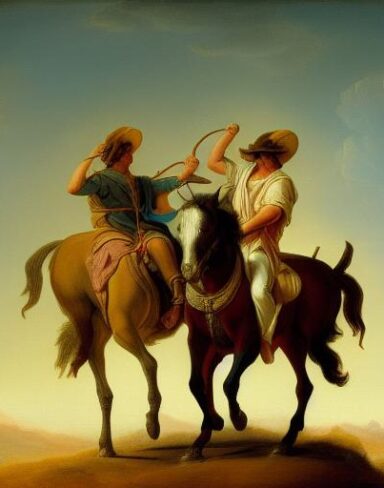 A painting of two man riding on two horse in the desert