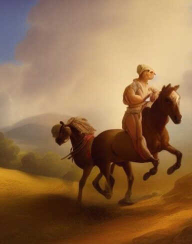 A painting of two man riding on two horse on the hill