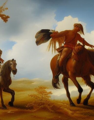 A painting of two man riding on two horses with dead trees