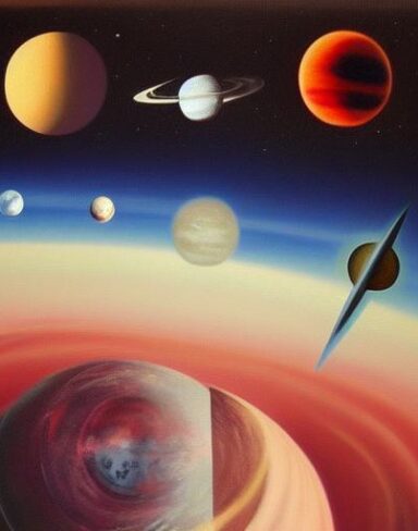 A painting of various planets in space