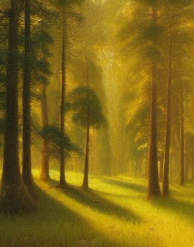 A painting of various trees in a forest with grassland