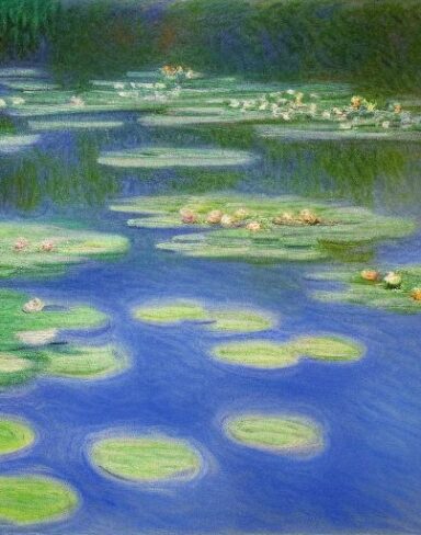 A painting of water lilies in a pond of water