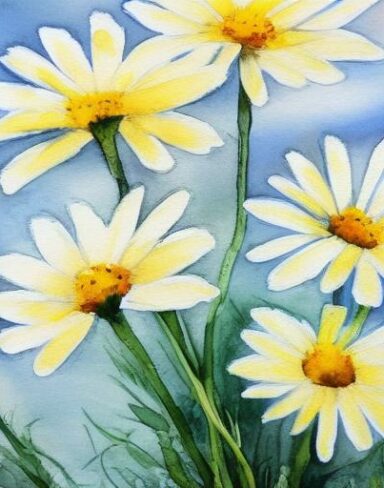 A painting of white daisies on a yellow background
