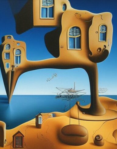 A painting on the side of a building in a bright sky