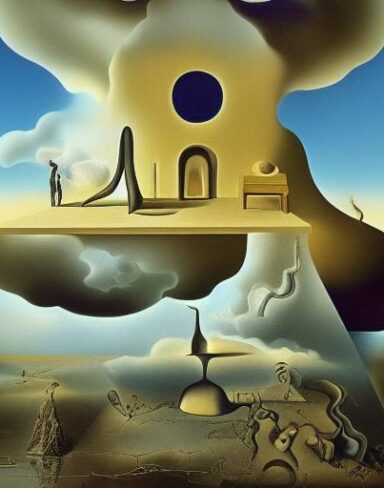 A painting on the side of a building in the sky