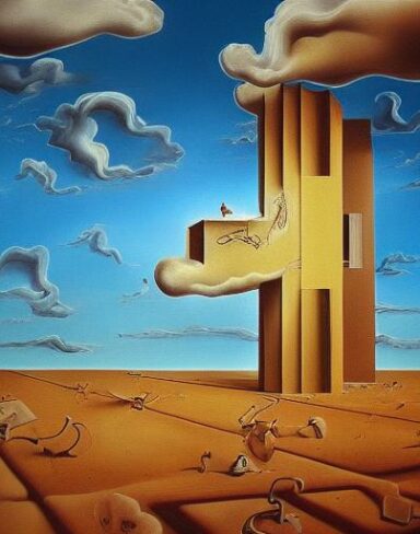 A painting on the side of a building with doors in the sky