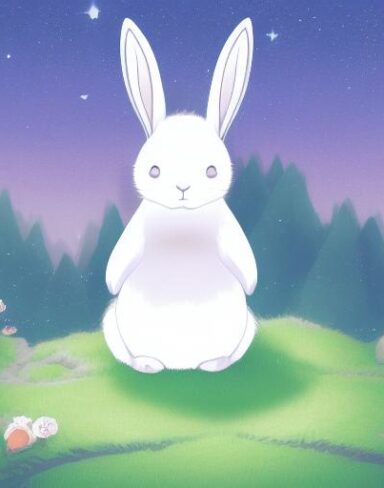 A peaceful white rabbit sitting in the middle of a forest at night alone