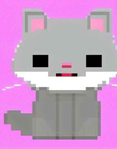 A pink cat sitting on top of a white surface