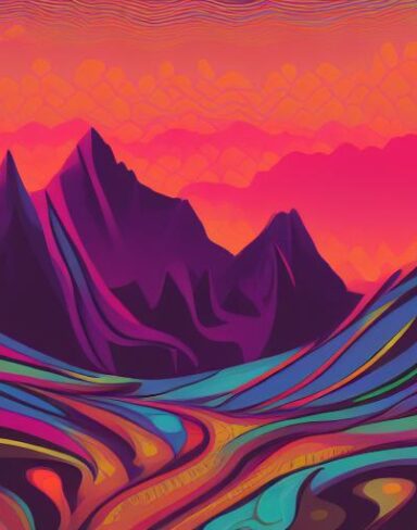 A psychedelic art of mountains in the background