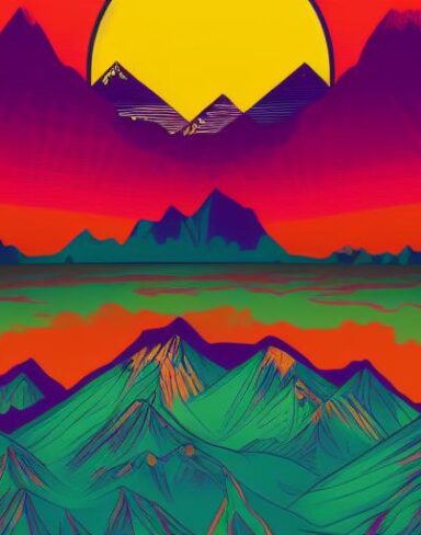 A psychedelic poster with mountains