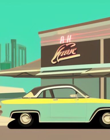 A retro car is parked in front of a restaurant