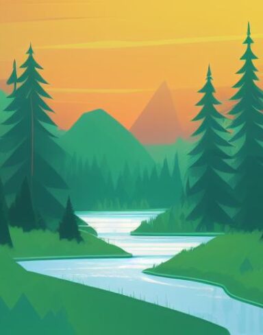 A river running through green forest