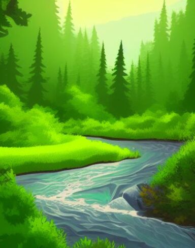 A river running through the green forest