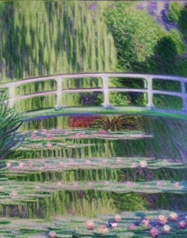 A romantic painting of a woman standing near a pond filled with water lilies