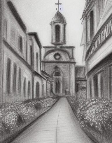 A rough black and white drawing of a city and church in the day with many flowers