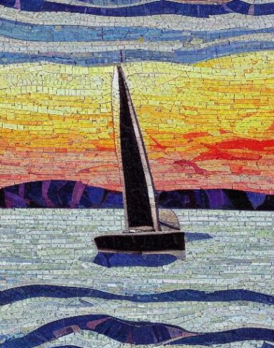 A sailboat mosaic on a body of water