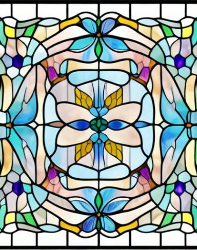 A stained glass picture of blue flowers