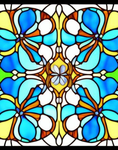 A stained glass picture of blue flowers