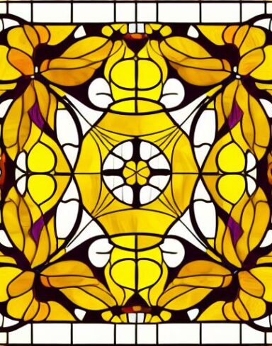 A stained glass picture of yellow flower patterns