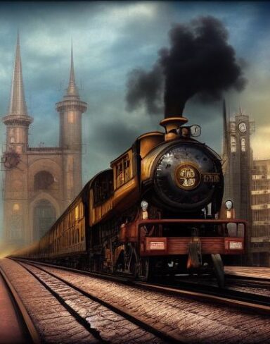 A steam engine train traveling through a city