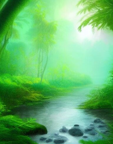 A stream running through a lush green forest