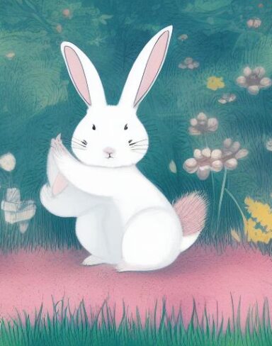 A sweet white rabbit sleeping in the middle of a forest