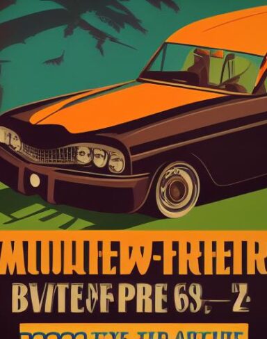 A vintage poster advertising a old vehicle