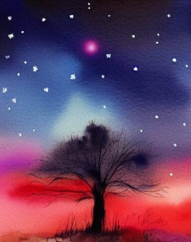 A watercolor drawing of a tree in the sky at night