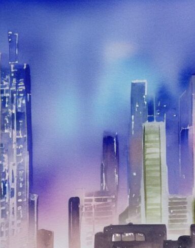 A watercolor drawing of a view of a city and some buildings at night with sky