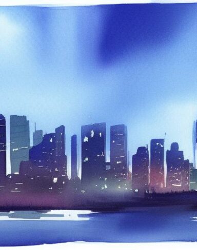 A watercolor drawing of a view of a city with buildings at night with sky