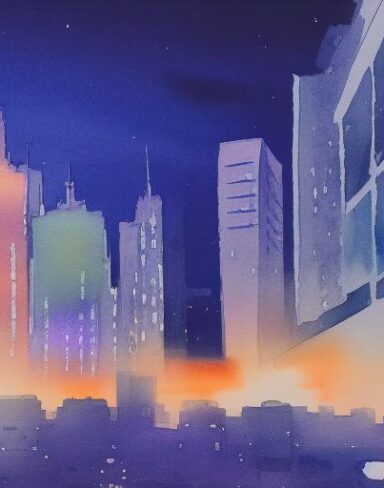 A watercolor drawing of a view of a cityscape and some buildings at night with sky